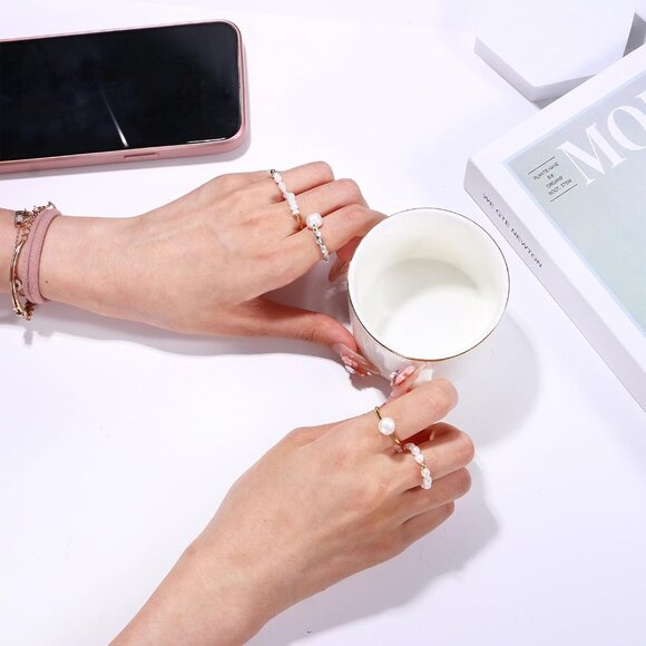 ⚡Fritillary Stacked Freshwater Pearl Elastic Adjustable Ring Size Gift for Women - Picture 3 of 6